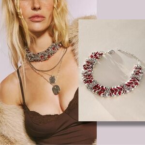 Free People Chunky Leather Rhinestone Ash Choker Collar Necklace Silver Red NWT
